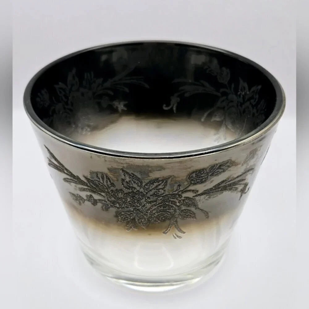 Mid Century Glass Ice Bucket With Silver Rim that Ombre Fades & Silver